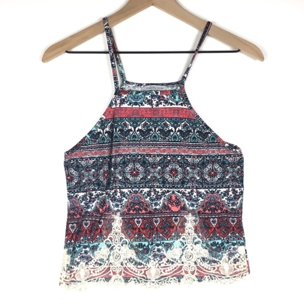 CHARLOTTE RUSSE Crop Tank Top Lace Detail Paisley Floral Spaghetti Strap Size XS